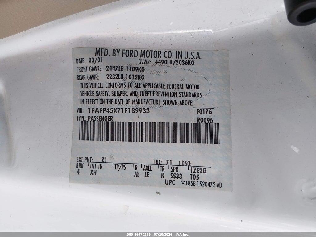1FAFP45X71F189933 2001 FORD MUSTANG photo no. 9