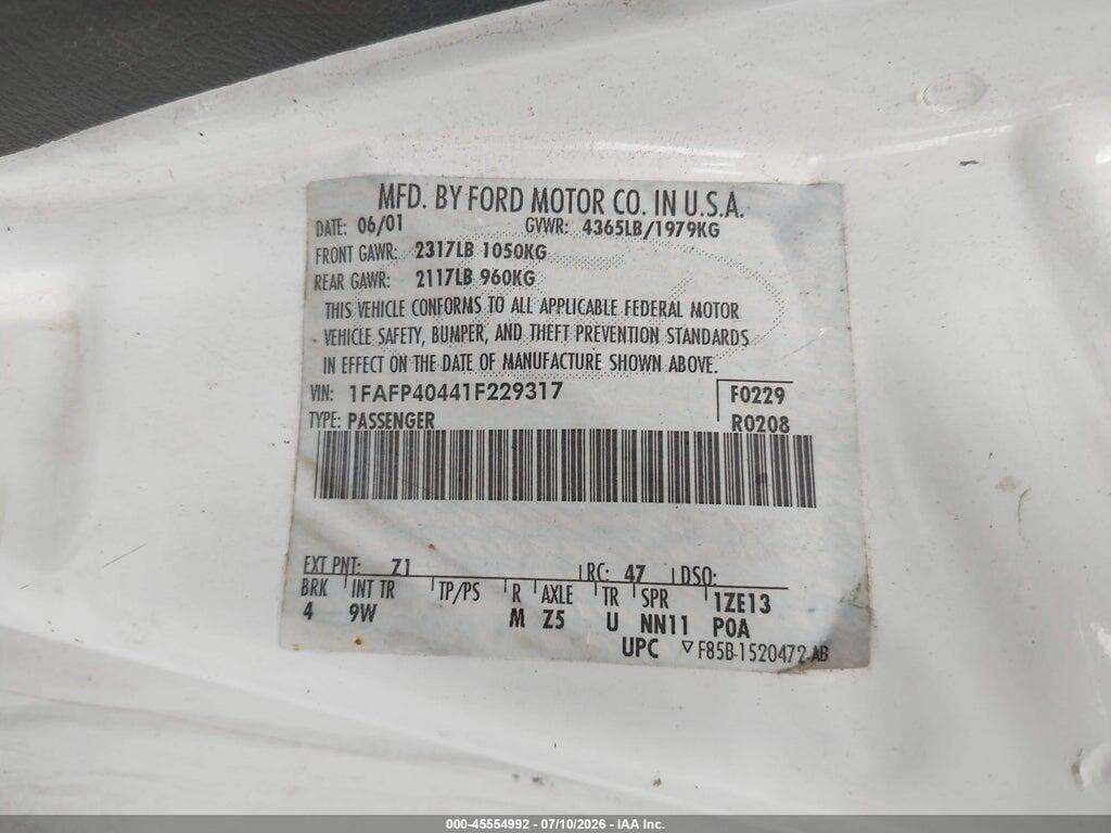 1FAFP40441F229317 2001 FORD MUSTANG photo no. 9