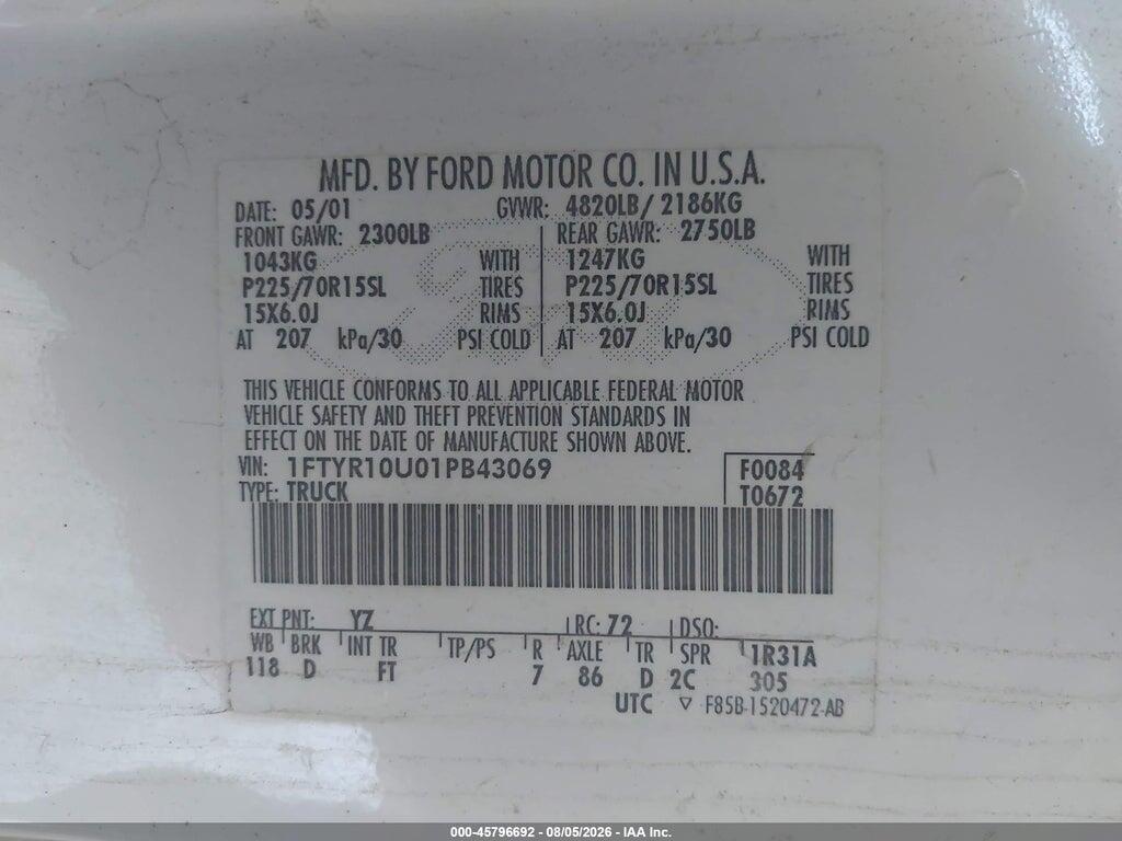 1FTYR10U01PB43069 2001 FORD RANGER photo no. 9