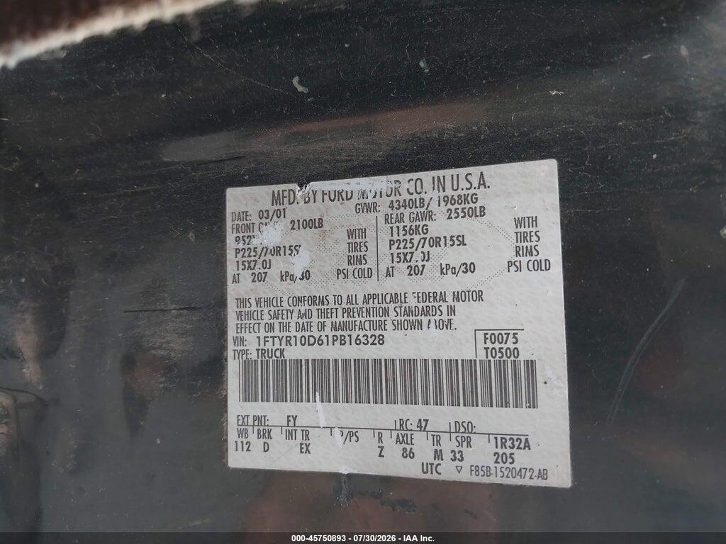 1FTYR10D61PB16328 2001 FORD RANGER photo no. 9