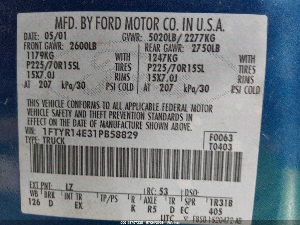 1FTYR14E31PB58829 2001 FORD RANGER photo no. 9