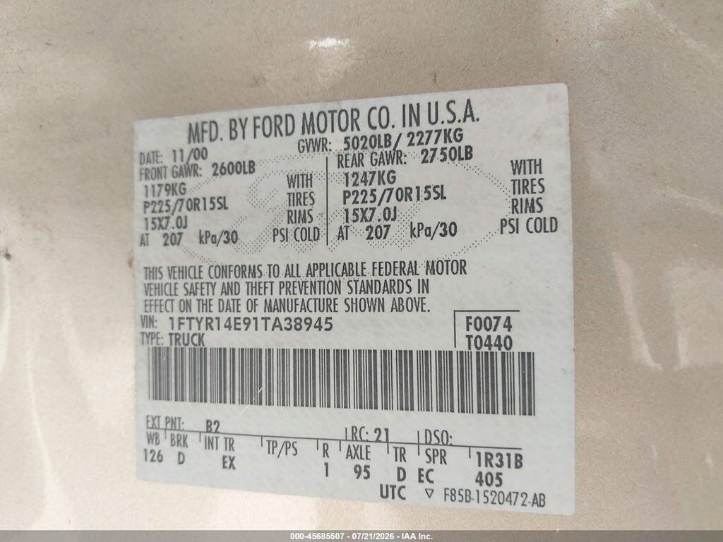 1FTYR14E91TA38945 2001 FORD RANGER photo no. 9