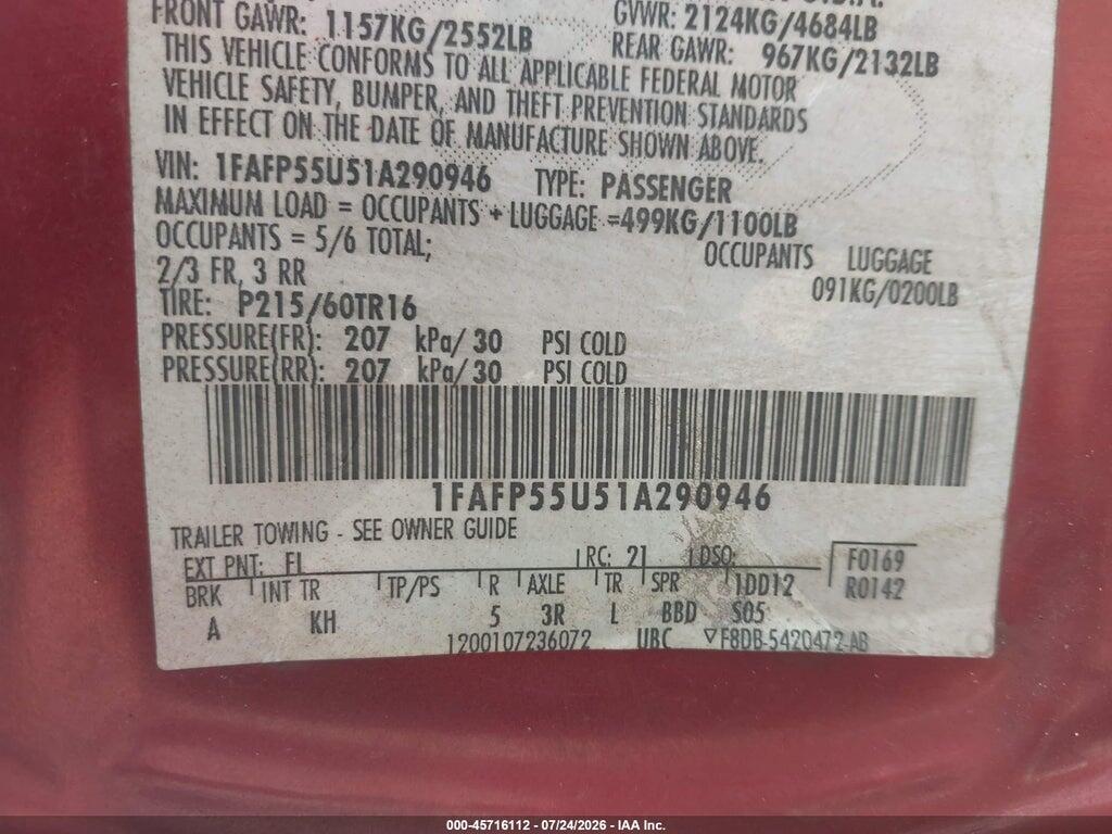 1FAFP55U51A290946 2001 FORD TAURUS photo no. 9
