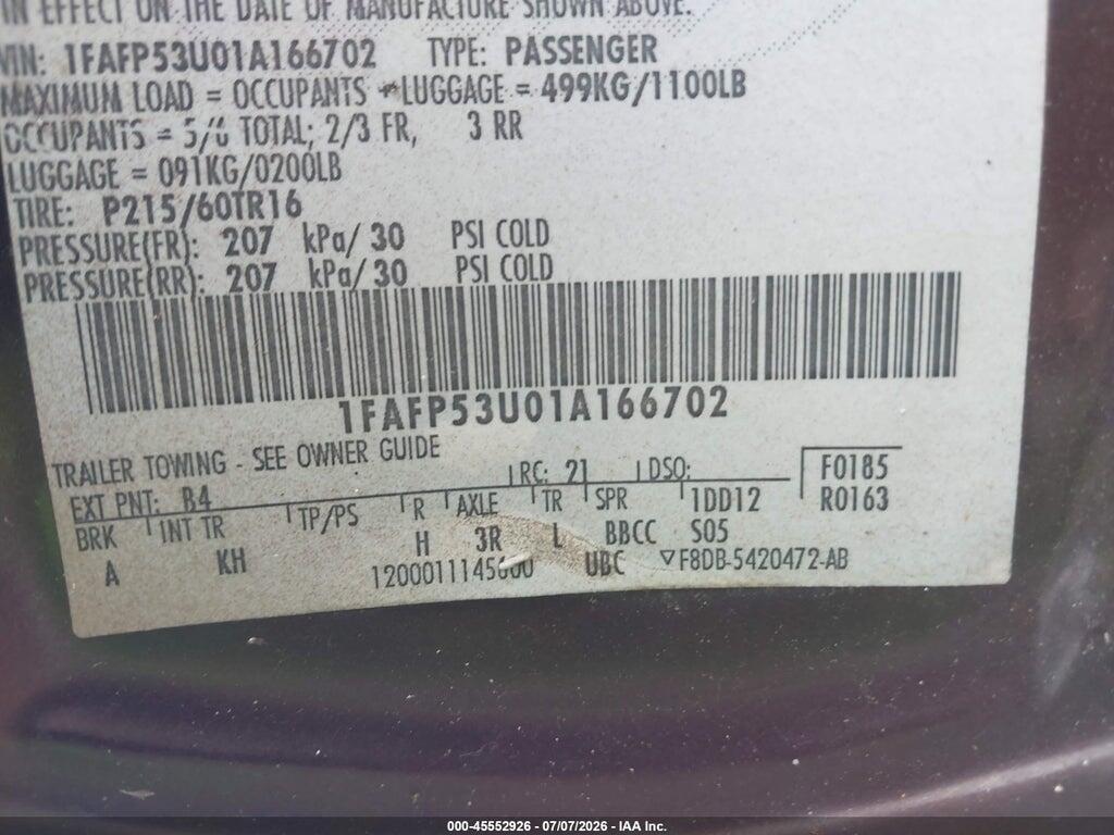 1FAFP53U01A166702 2001 FORD TAURUS photo no. 9