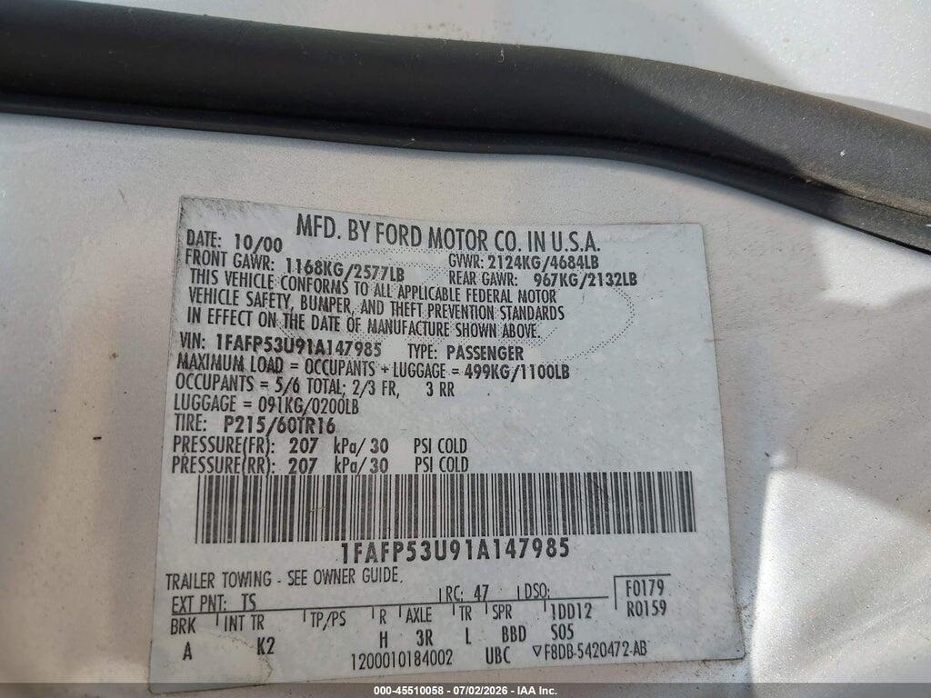1FAFP53U91A147985 2001 FORD TAURUS photo no. 9