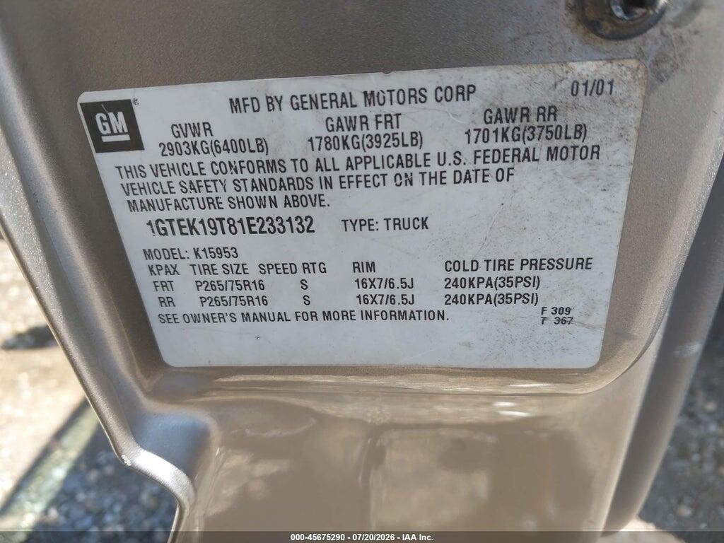 1GTEK19T81E233132 2001 GMC SIERRA 1500 photo no. 9