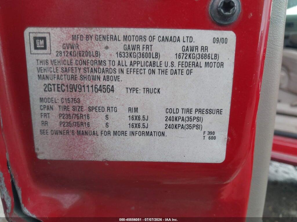 2GTEC19V911164564 2001 GMC SIERRA 1500 photo no. 9
