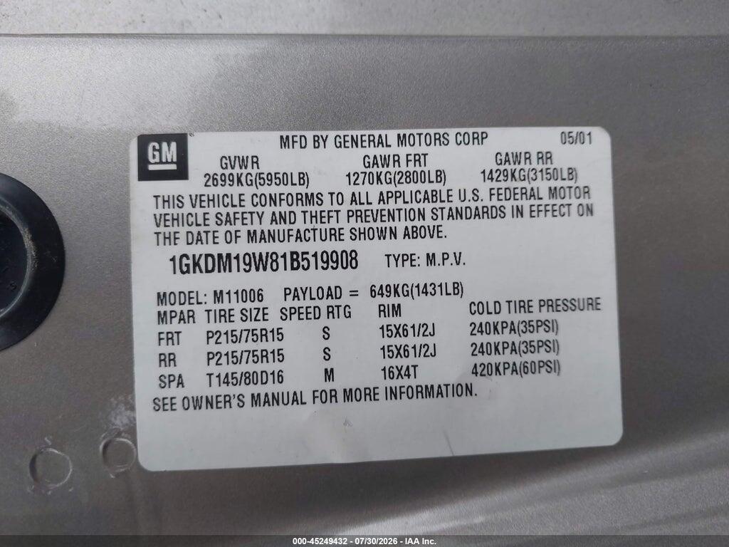1GKDM19W81B519908 2001 GMC SAFARI photo no. 9