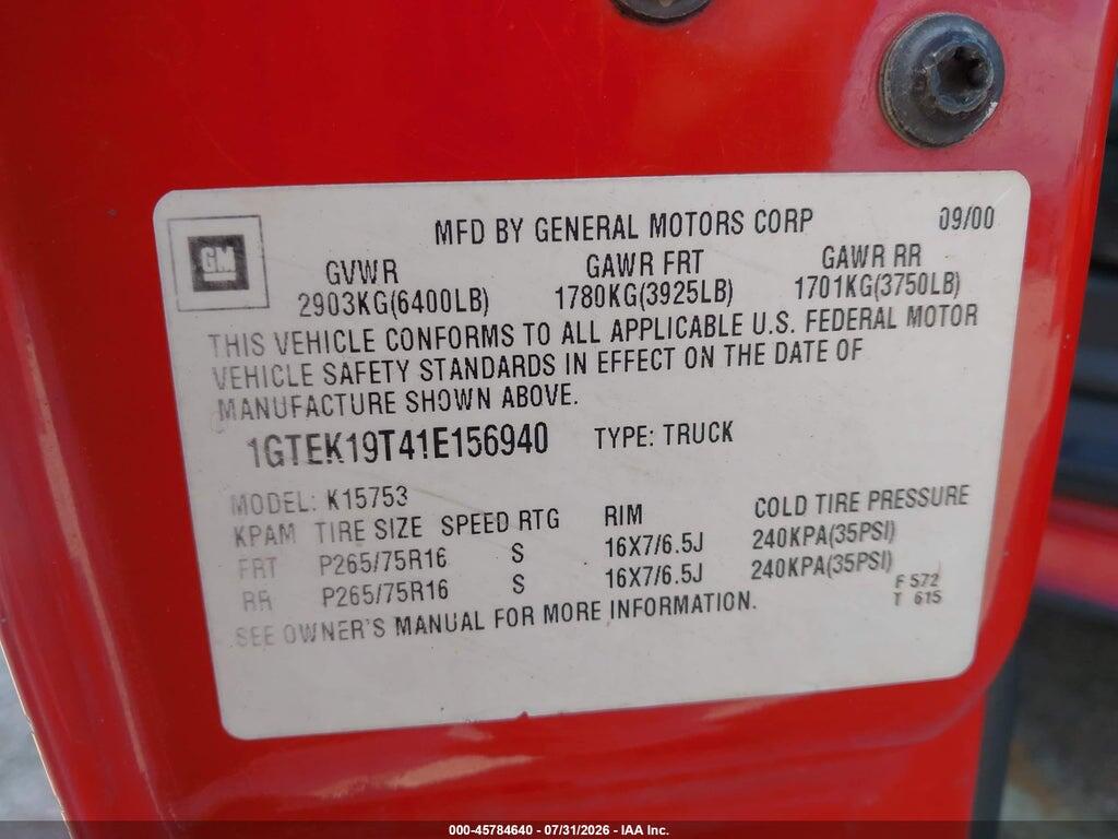 1GTEK19T41E156940 2001 GMC SIERRA 1500 photo no. 9