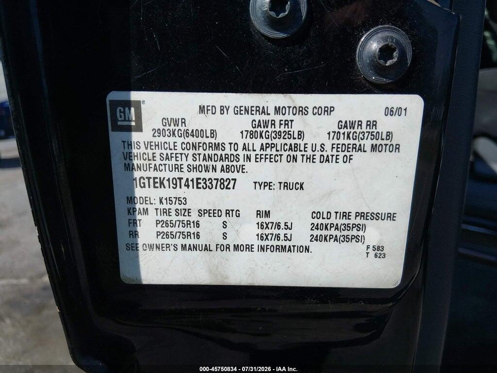 1GTEK19T41E337827 2001 GMC SIERRA 1500 photo no. 9