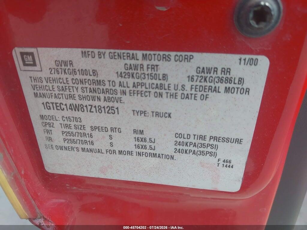 1GTEC14W81Z181251 2001 GMC SIERRA 1500 photo no. 9