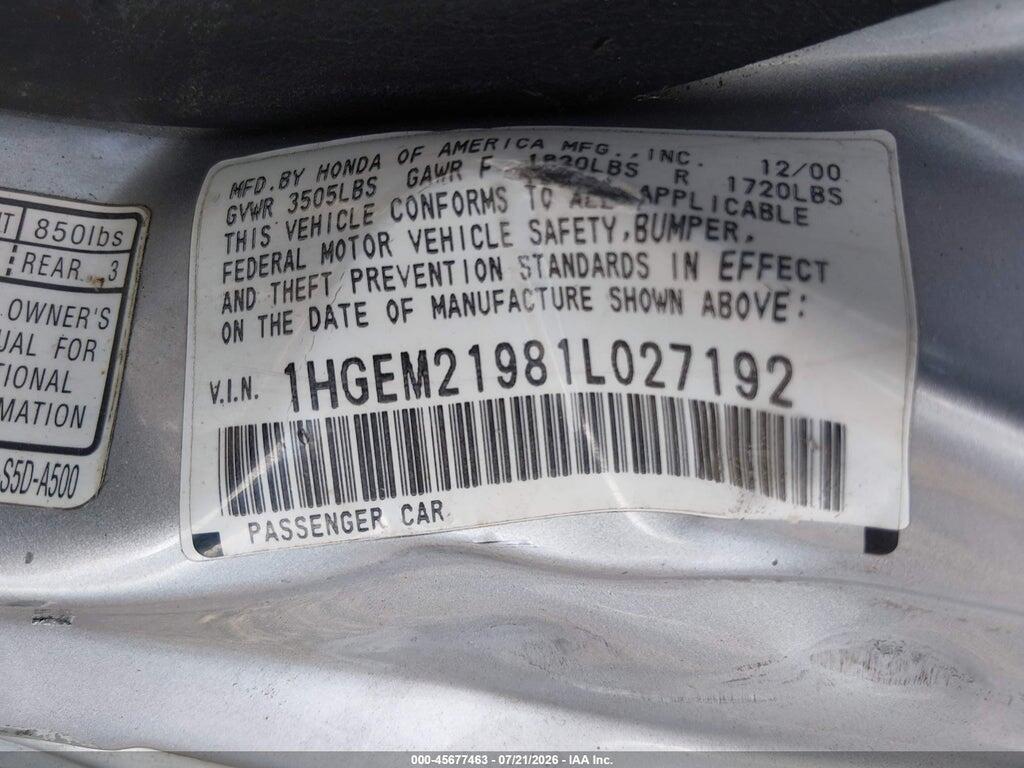 1HGEM21981L027192 2001 HONDA CIVIC photo no. 9