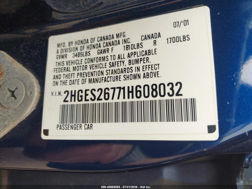 2HGES26771H608032 2001 HONDA CIVIC photo no. 9