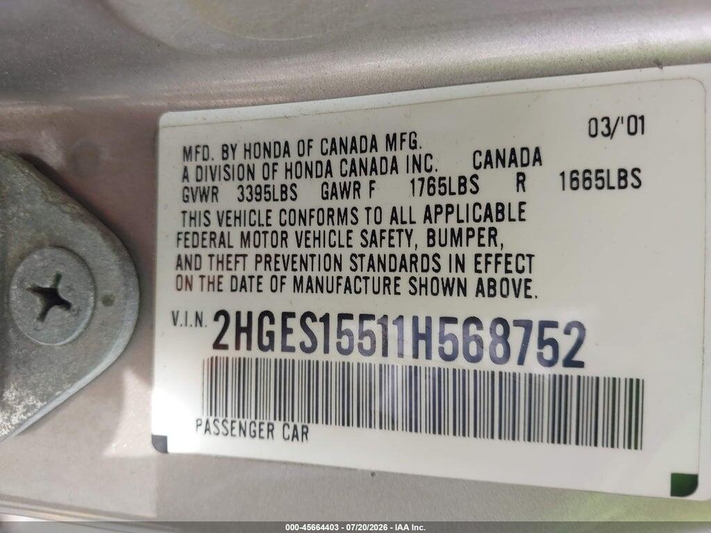 2HGES15511H568752 2001 HONDA CIVIC photo no. 9