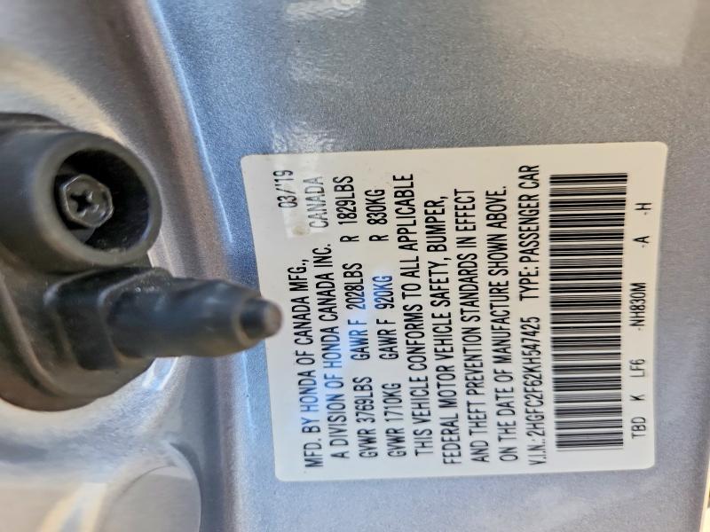 2HGFC2F62KH547425 2019 HONDA CIVIC photo no. 12