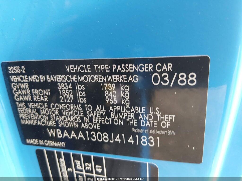 WBAAA1308J4141831 1988 BMW 325 photo no. 9