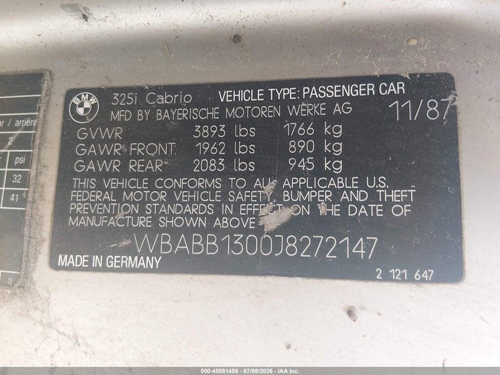 WBABB1300J8272147 1988 BMW 325 photo no. 9