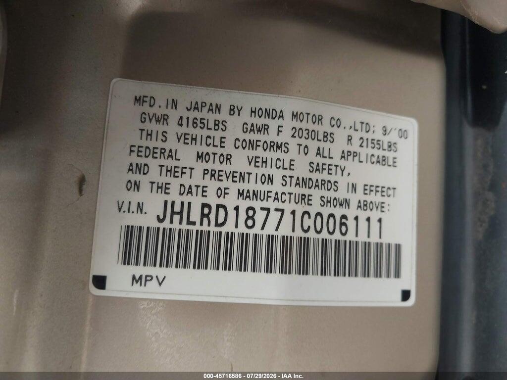 JHLRD18771C006111 2001 HONDA CR-V photo no. 9