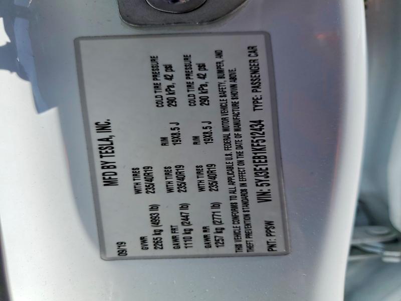 5YJ3E1EB1KF512434 2019 TESLA MODEL 3 photo no. 12