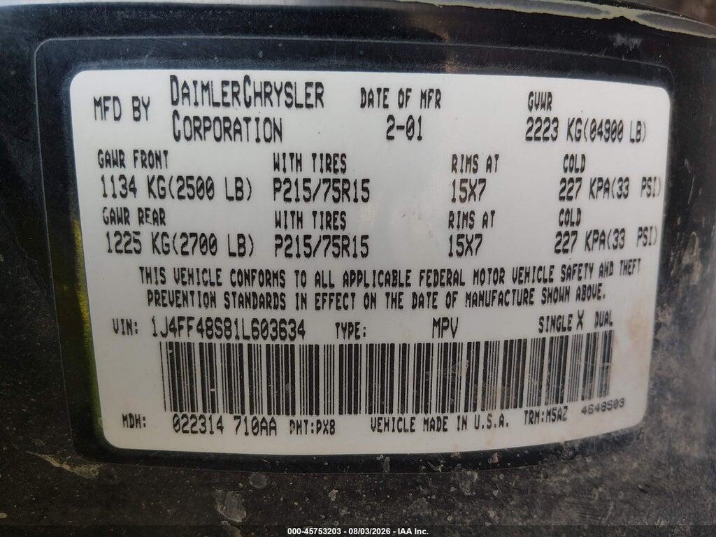 1J4FF48S81L603634 2001 JEEP CHEROKEE photo no. 9