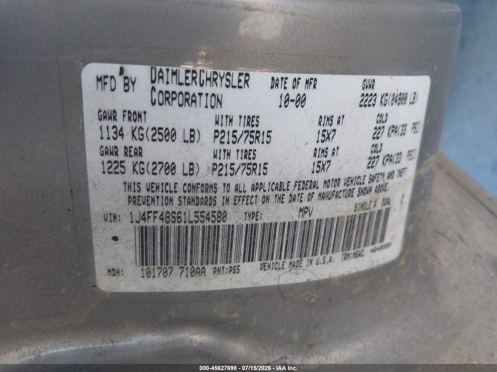 1J4FF48S61L554580 2001 JEEP CHEROKEE photo no. 9