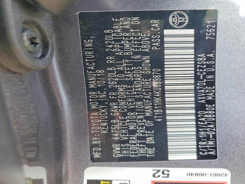 4T1B11HK4KU699870 2019 TOYOTA CAMRY photo no. 12