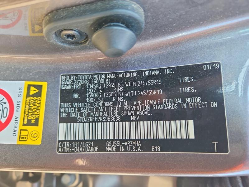 5TDJZRFH2KS963638 2019 TOYOTA HIGHLANDER photo no. 12