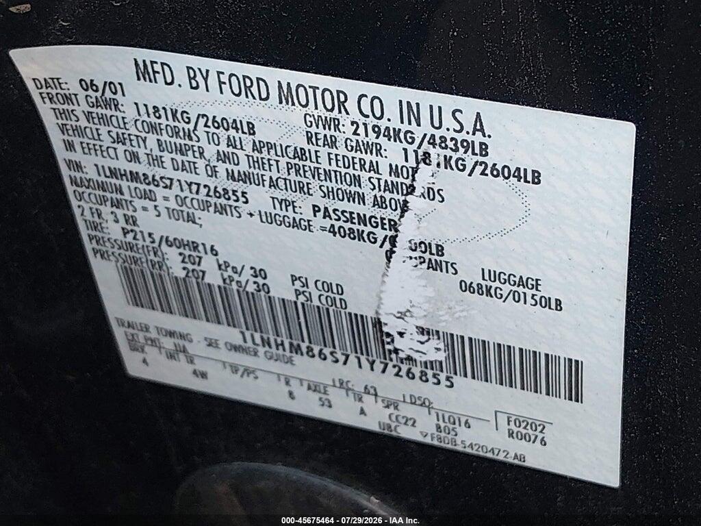 1LNHM86S71Y726855 2001 LINCOLN LS photo no. 9