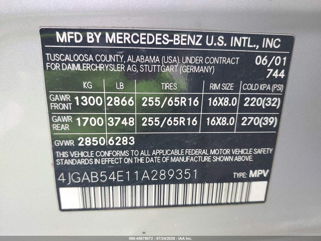 4JGAB54E11A289351 2001 MERCEDES-BENZ ML 320 photo no. 9