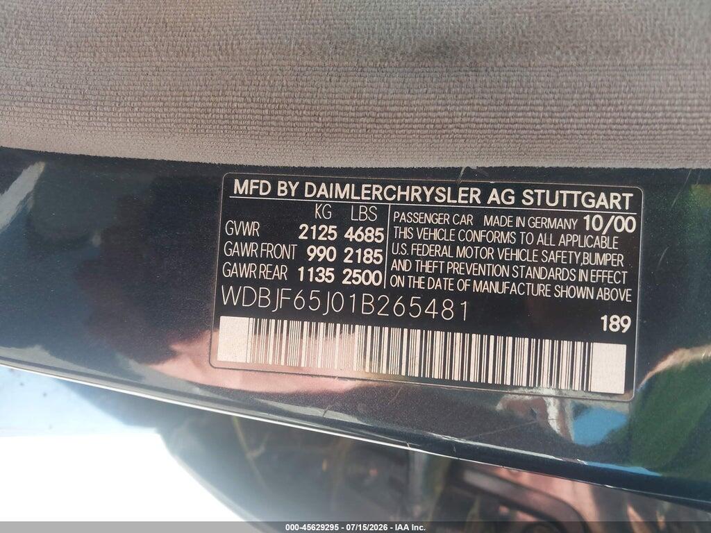 WDBJF65J01B265481 2001 MERCEDES-BENZ E 320 photo no. 9