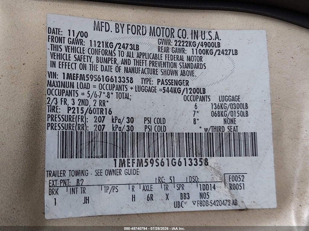 1MEFM59S61G613358 2001 MERCURY SABLE photo no. 9