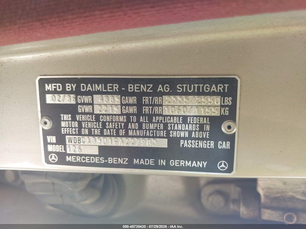 WDBCA35D1GA227983 1986 MERCEDES-BENZ 420 photo no. 9