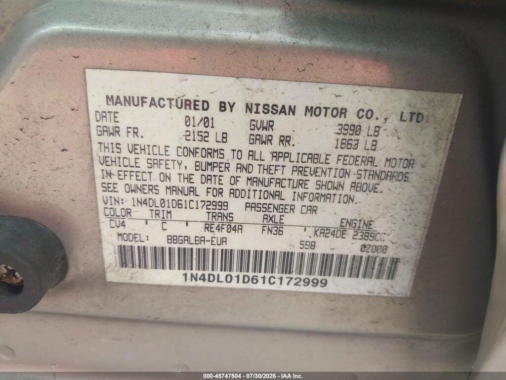 1N4DL01D61C172999 2001 NISSAN ALTIMA photo no. 9