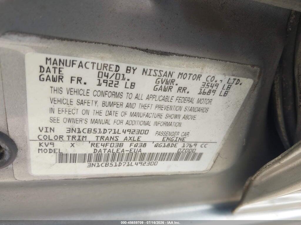 3N1CB51D71L492300 2001 NISSAN SENTRA photo no. 9