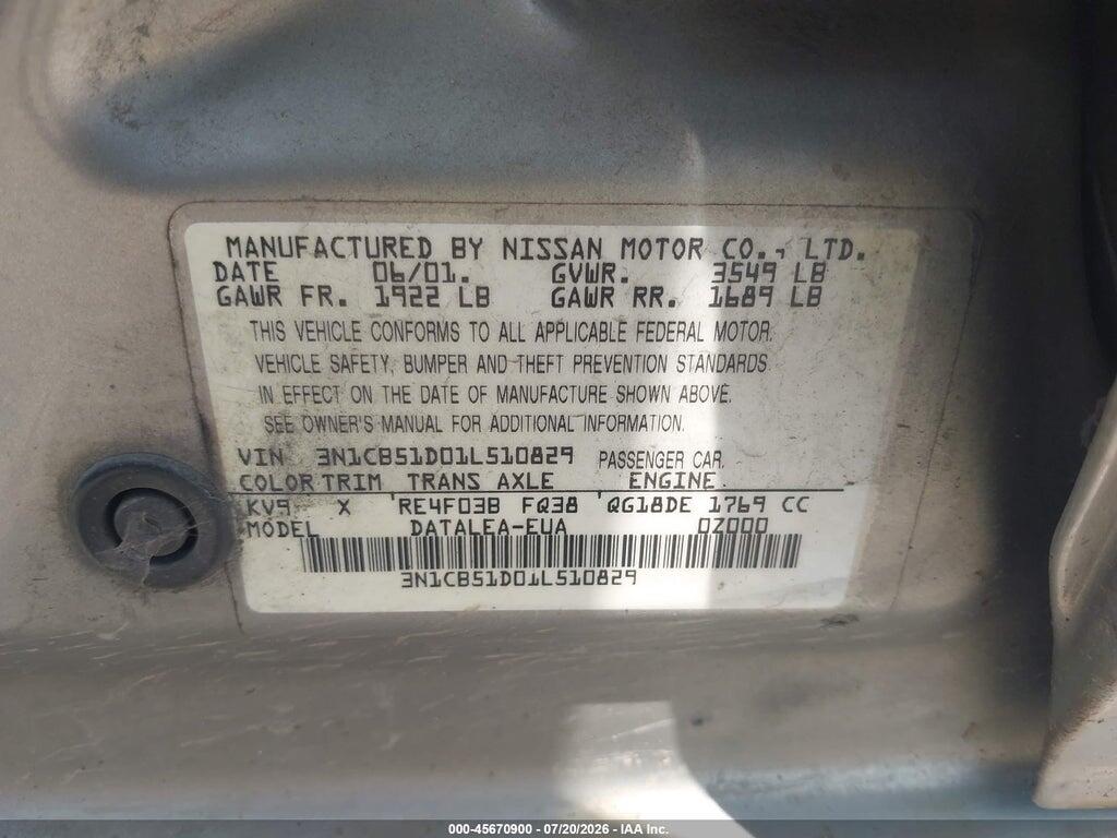 3N1CB51D01L510829 2001 NISSAN SENTRA photo no. 9