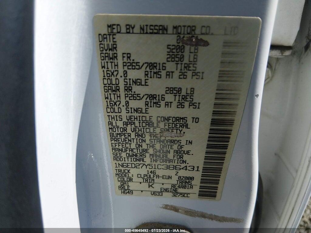 1N6ED27Y51C386431 2001 NISSAN FRONTIER photo no. 9