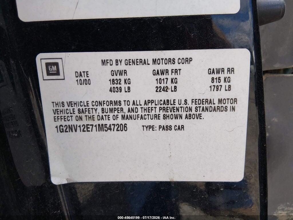 1G2NV12E71M547206 2001 PONTIAC GRAND AM photo no. 9