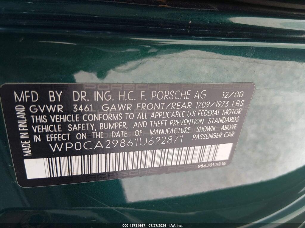 WP0CA29861U622871 2001 PORSCHE BOXSTER photo no. 9