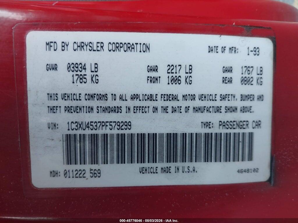 1C3XU4537PF579299 1993 CHRYSLER LEBARON photo no. 9