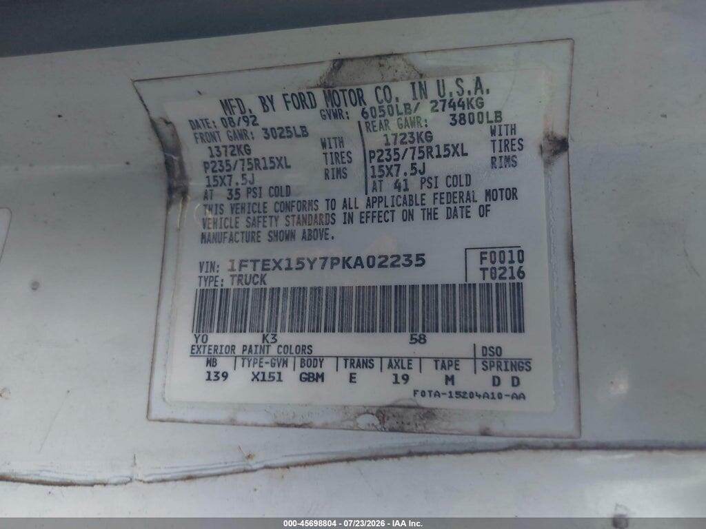1FTEX15Y7PKA02235 1993 FORD F150 photo no. 9