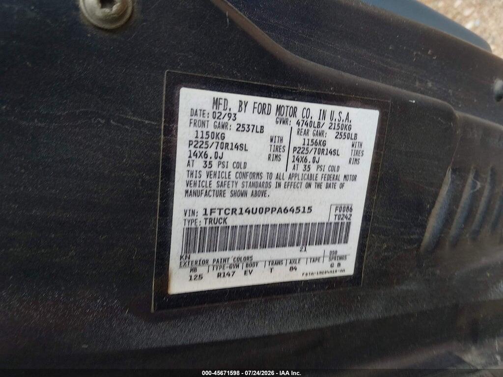 1FTCR14U0PPA64515 1993 FORD RANGER photo no. 9