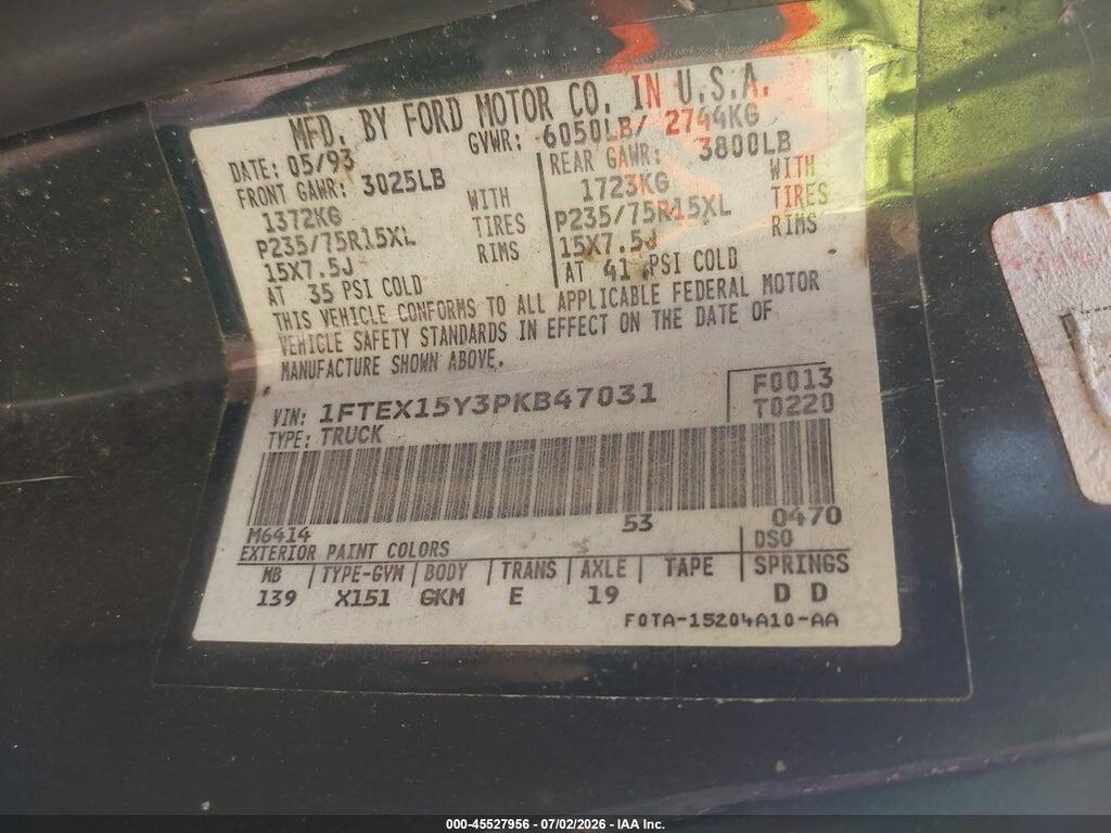 1FTEX15Y3PKB47031 1993 FORD F150 photo no. 9
