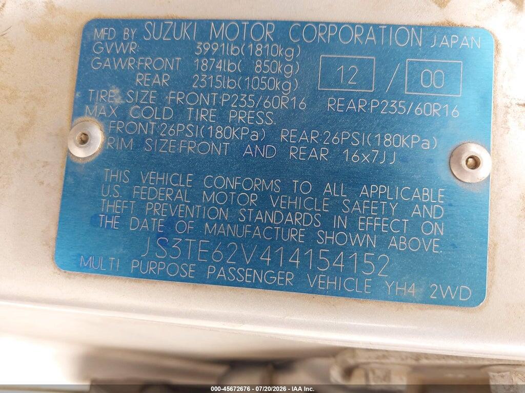 JS3TE62V414154152 2001 SUZUKI GRAND VITARA photo no. 9