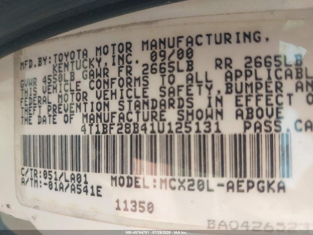 4T1BF28B41U125131 2001 TOYOTA AVALON photo no. 9