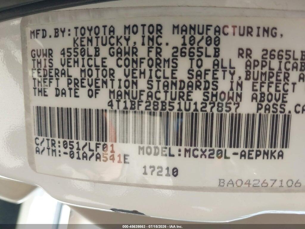 4T1BF28B51U127857 2001 TOYOTA AVALON photo no. 9
