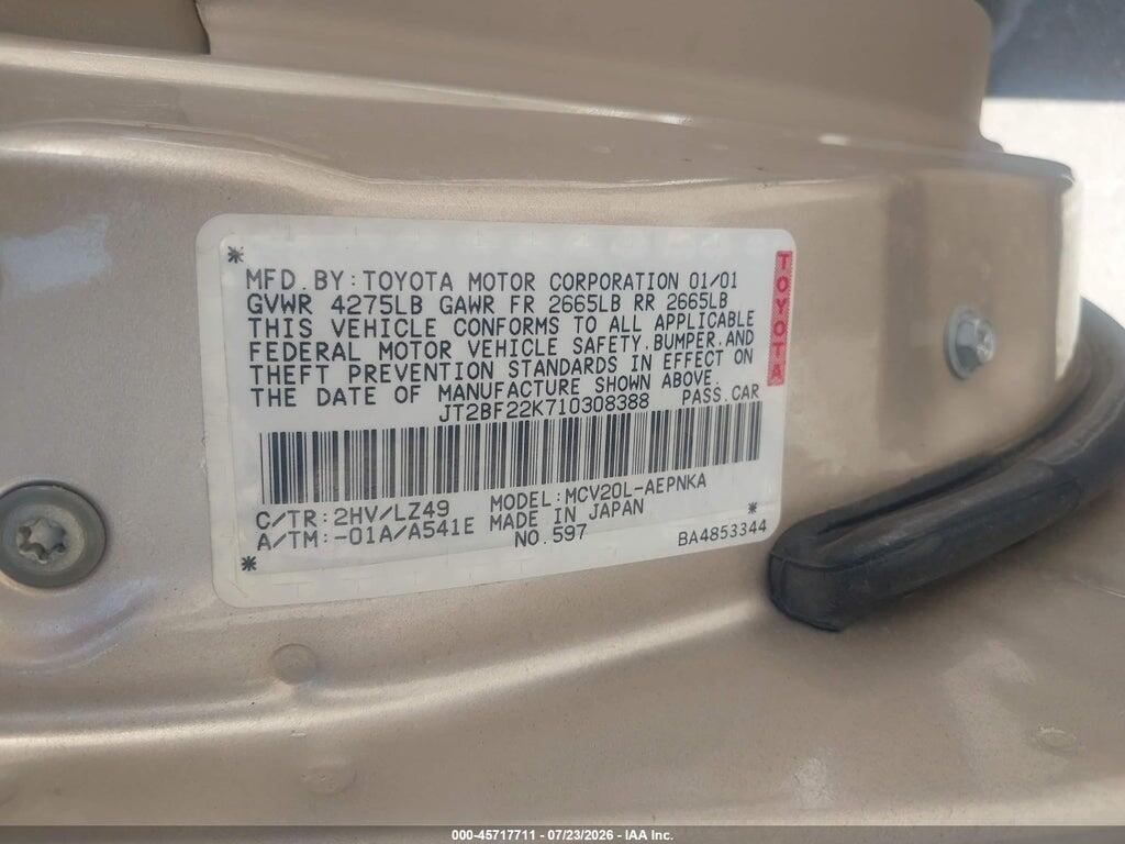 JT2BF22K710308388 2001 TOYOTA CAMRY photo no. 9