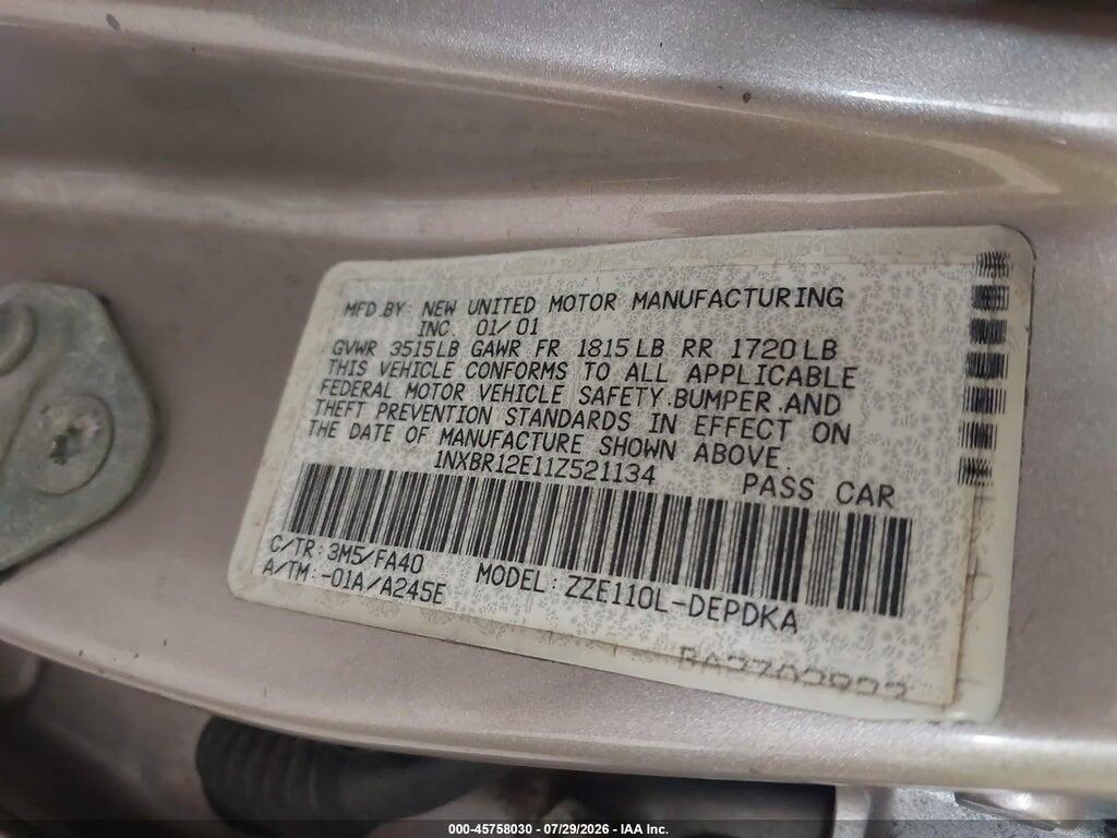 1NXBR12E11Z521134 2001 TOYOTA COROLLA photo no. 9