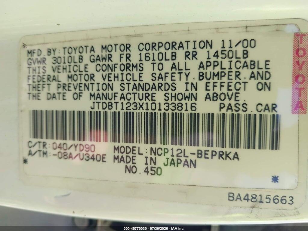 JTDBT123X10133816 2001 TOYOTA ECHO photo no. 9