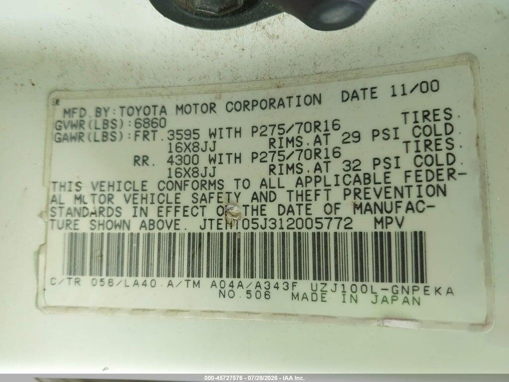JTEHT05J312005772 2001 TOYOTA LAND CRUISER photo no. 9