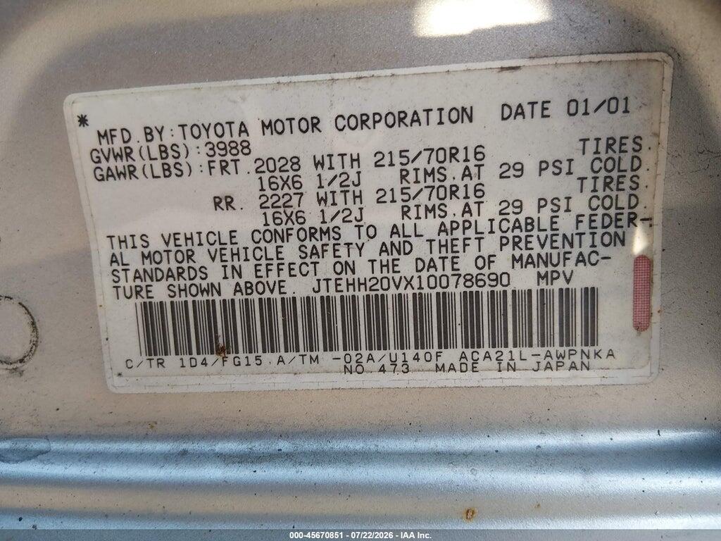 JTEHH20VX10078690 2001 TOYOTA RAV4 photo no. 9